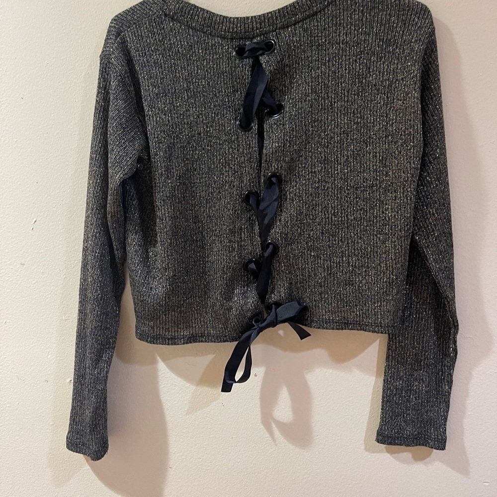 THE Edit Cropped Sweater Top Juniors ,Gold Sparkly Lace Up Back Black Ribbon